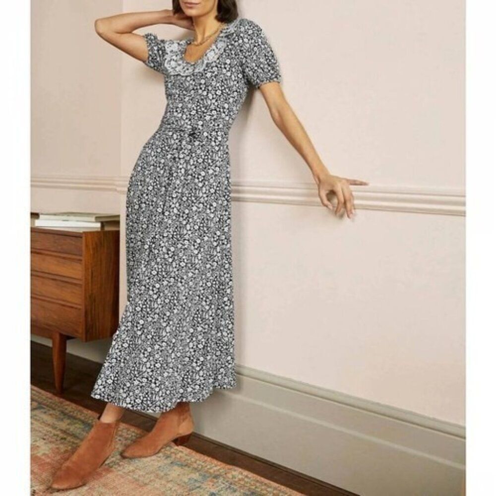 Boden Womens Maxi Dress UK 18 US 14L Navy Blue Floral Trim Lace collar D0135 NWT - Picture 1 of 12